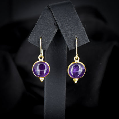 Round Cabochon Amethyst Gold Drop Earrings