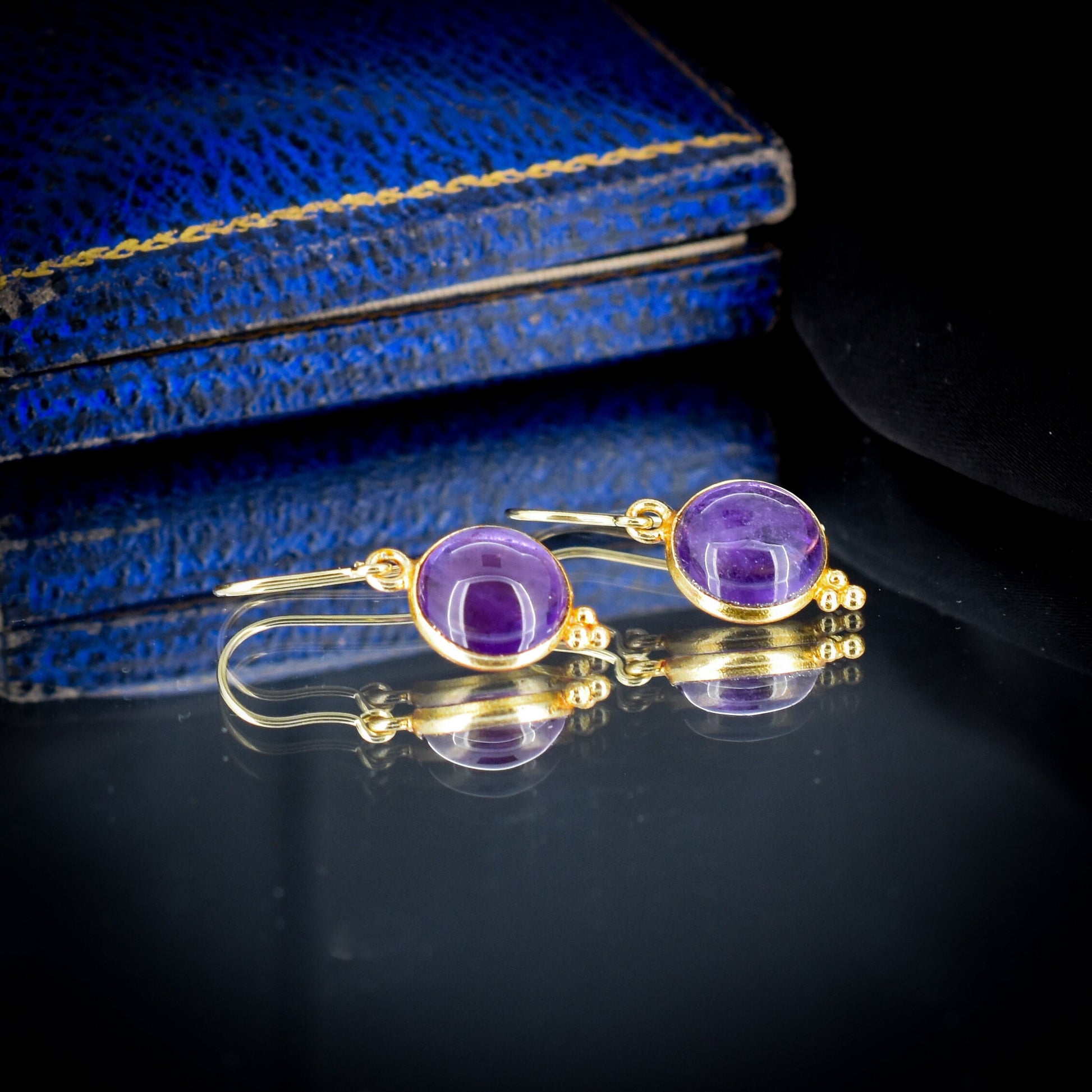 Round Cabochon Amethyst Gold Drop Earrings