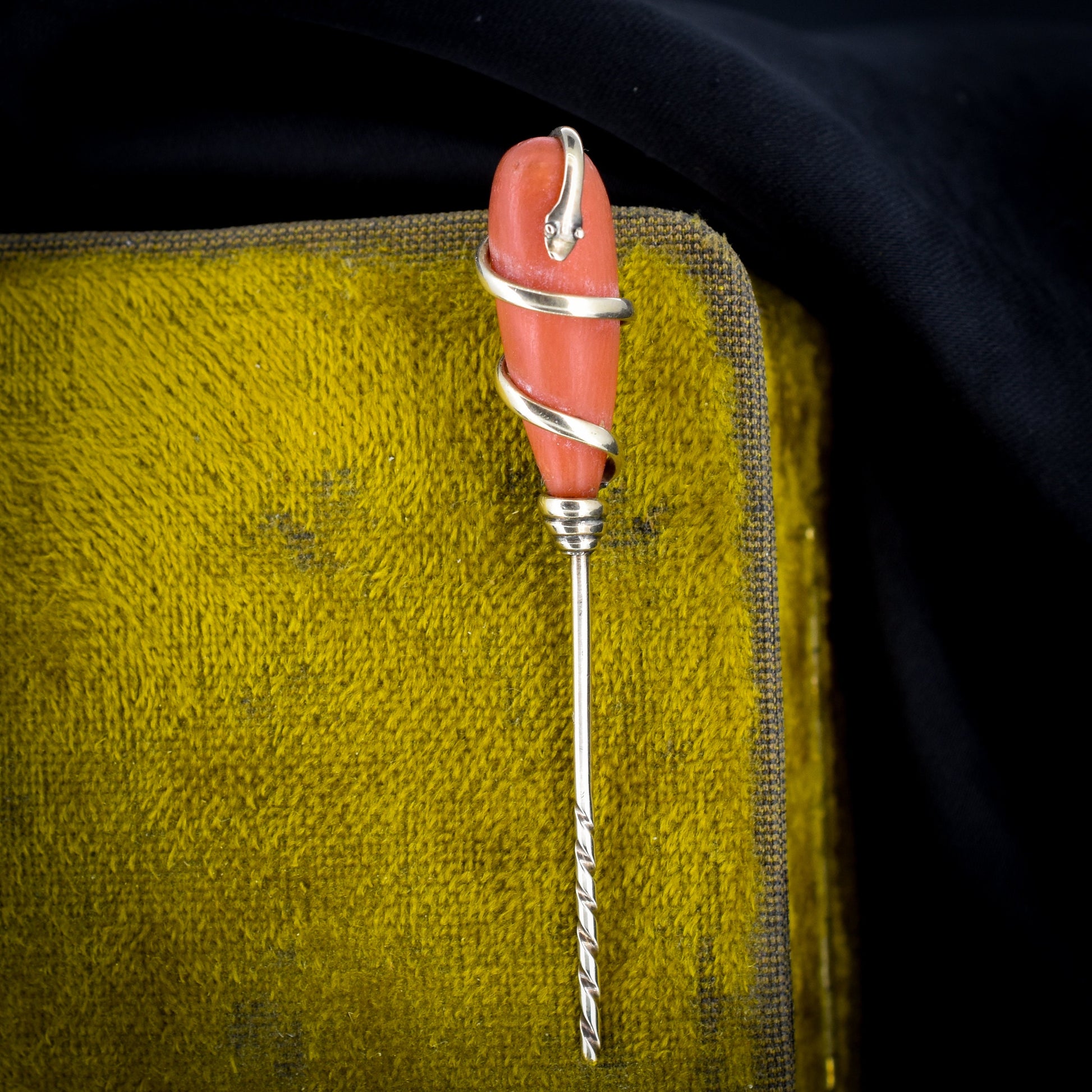 Antique Victorian Coral Snake 15ct Gold Stick Pin