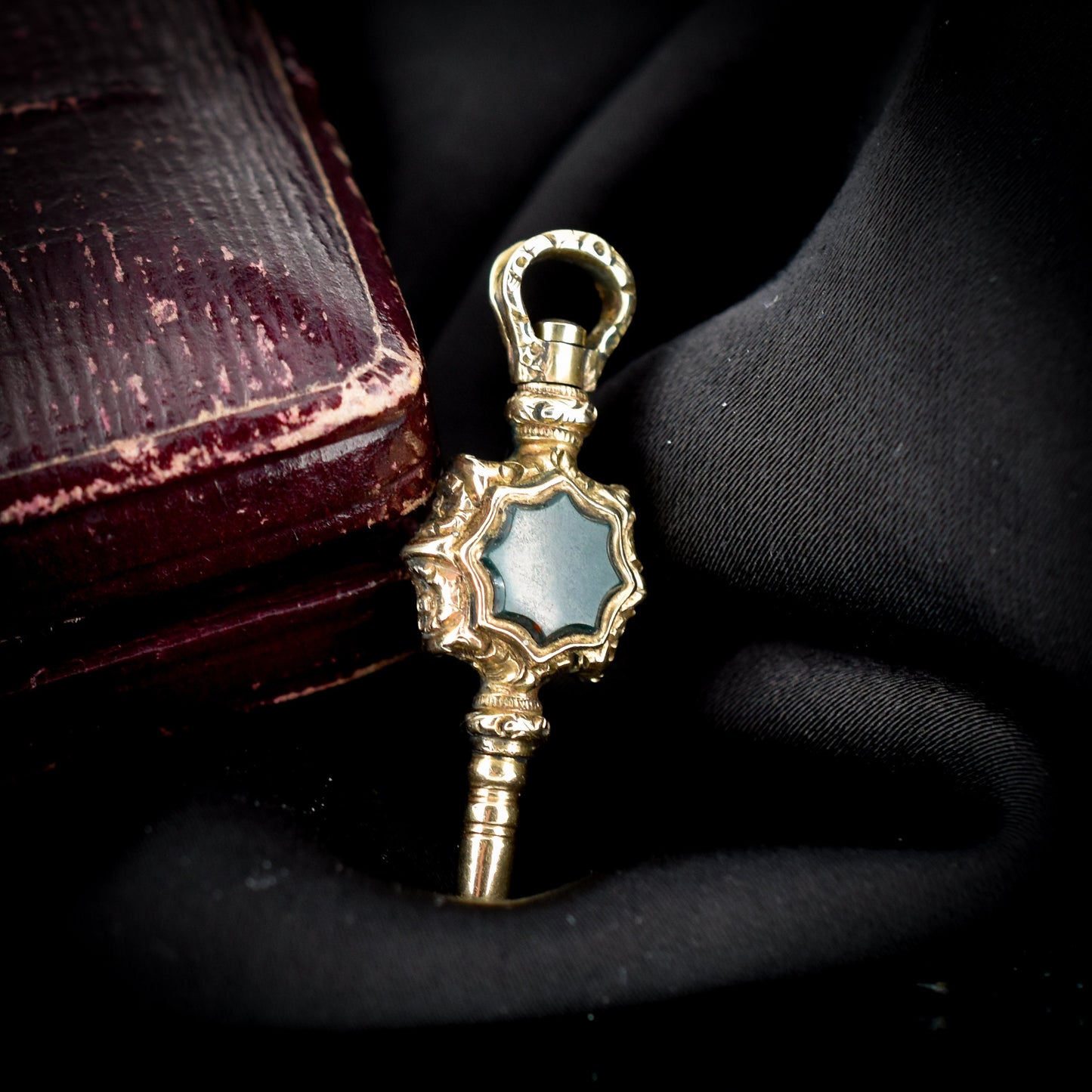 Antique Bloodstone and Chalcedony Gold Watch Key Fob Pendant Charm