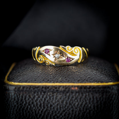 Antique Victorian Ruby Diamond Starburst 15ct Gold Band Ring | Dated 1894