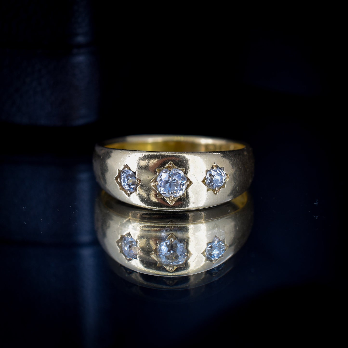 Antique Old Cut Diamond Three Stone Gypsy Starburst 18ct Gold Ring | Dated 1896