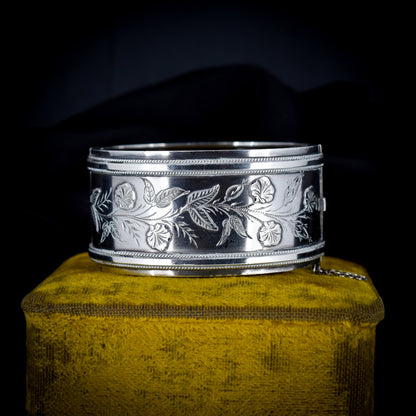 Antique Victorian Silver Floral Wide Cuff Bangle Bracelet 7"