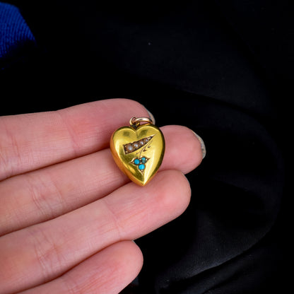 Antique Turquoise Pearl 15ct Gold Heart Pendant
