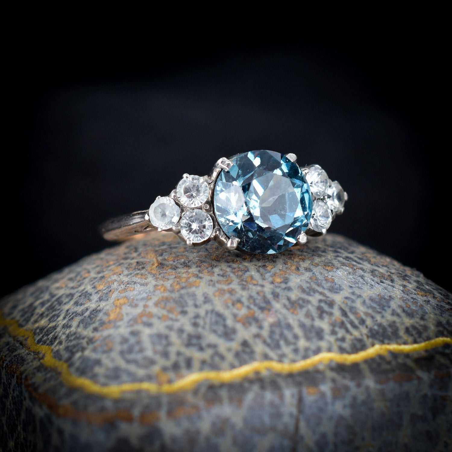 Antique Blue Zircon and White Sapphire 9ct Gold Ring | Art Deco