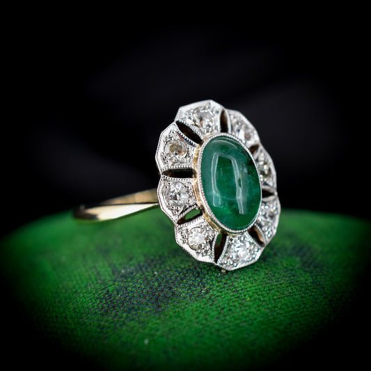 Art Deco Cabochon Emerald and Diamond Cluster 9ct Gold and Platinum Ring