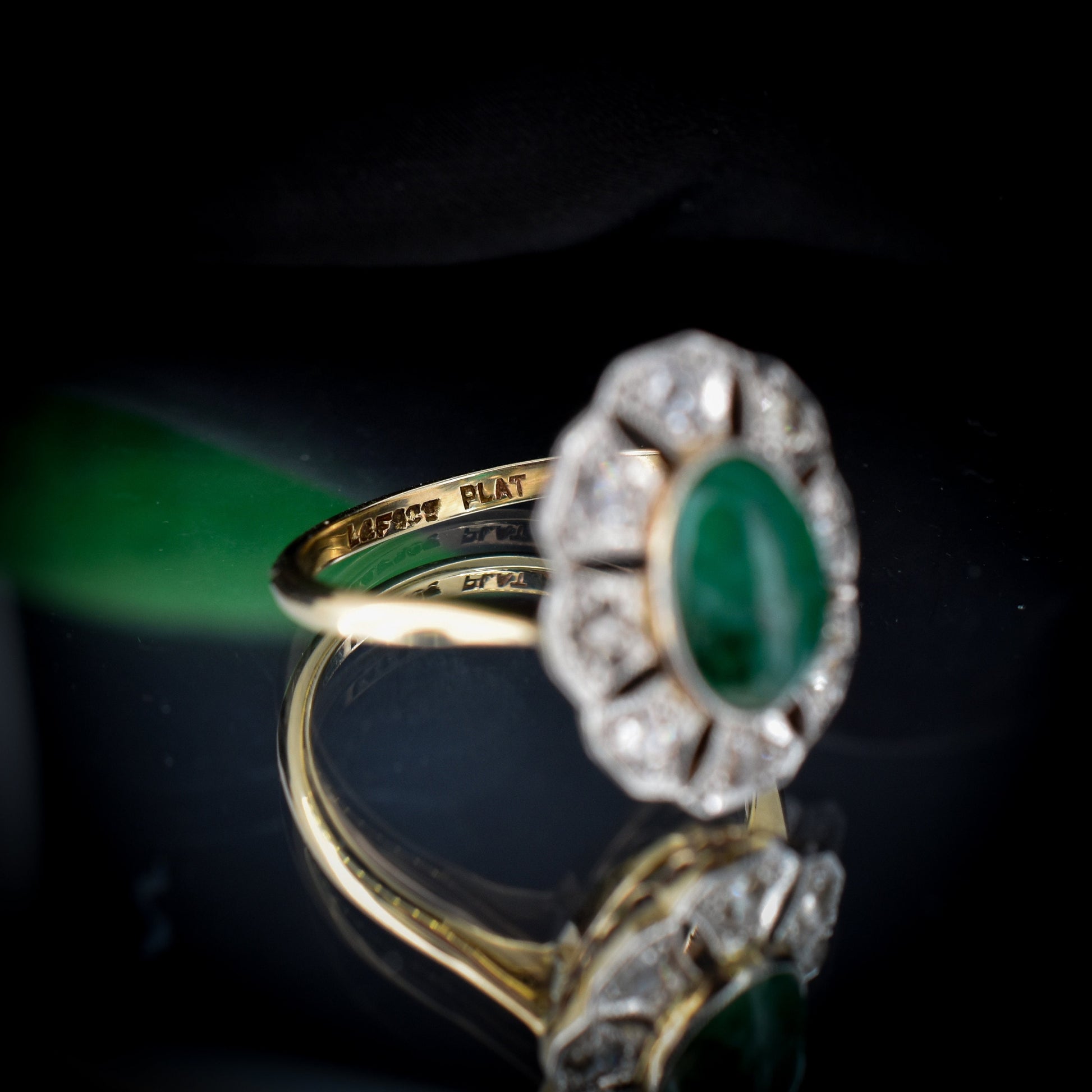 Art Deco Cabochon Emerald and Diamond Cluster 9ct Gold and Platinum Ring