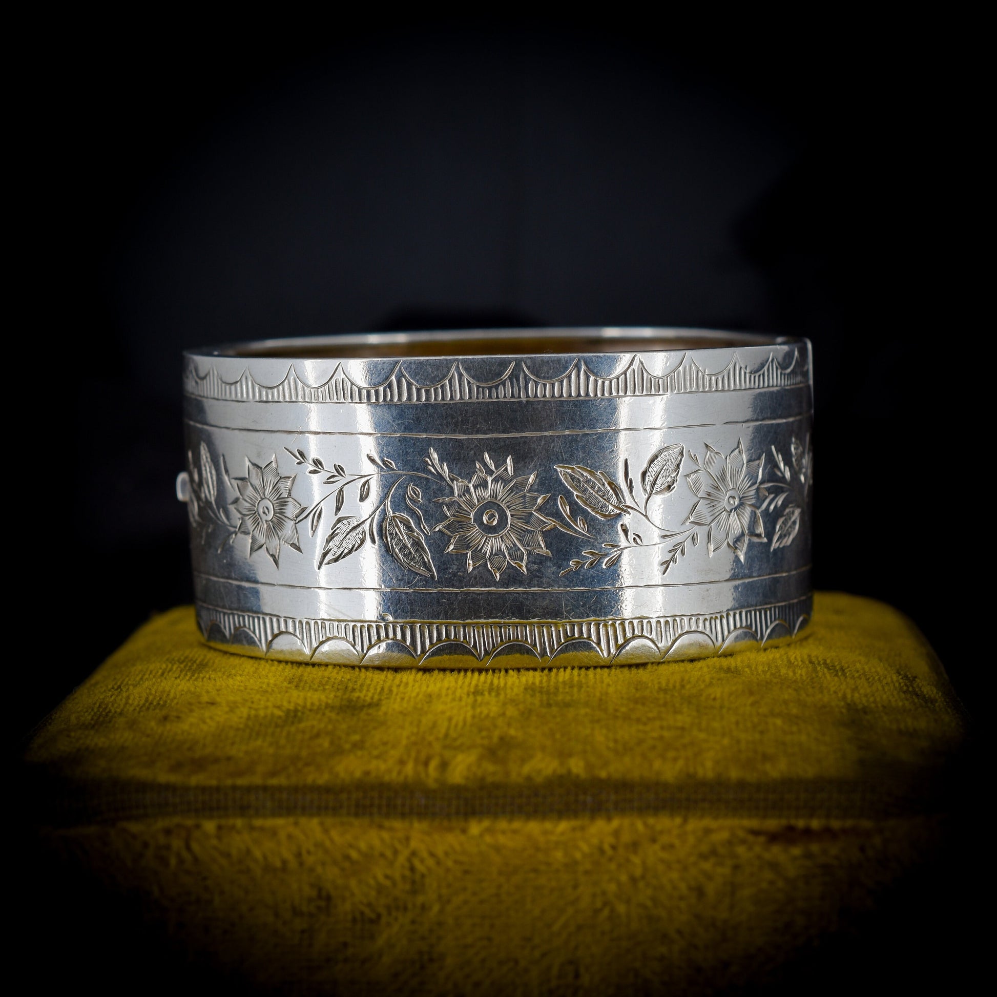 Antique Victorian Silver Floral Wide Cuff Bangle Bracelet | Dated Chester 1882