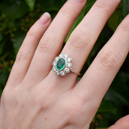 Emerald and Diamond Oval Cluster Halo Platinum Ring | Antique Style