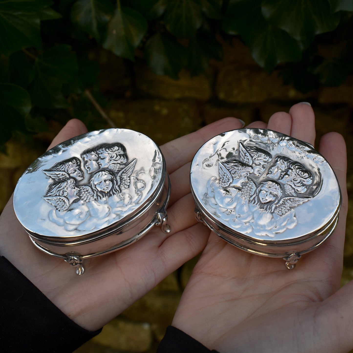 Pair of Antique Edwardian 1906 Hallmarked Angel Cherubs Oval Silver Jewellery Boxes