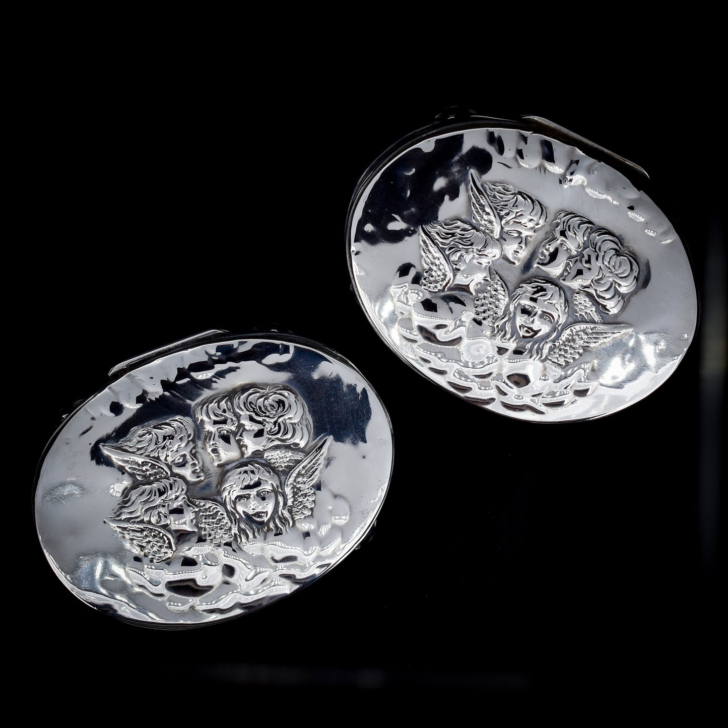 Pair of Antique Edwardian 1906 Hallmarked Angel Cherubs Oval Silver Jewellery Boxes