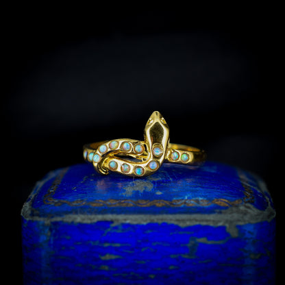 Opal Snake Serpent 18ct Yellow Gold Gilded Silver Ring | Antique Victorian Style