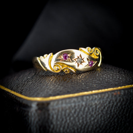 Antique Victorian Ruby Diamond Starburst 15ct Gold Band Ring | Dated 1894