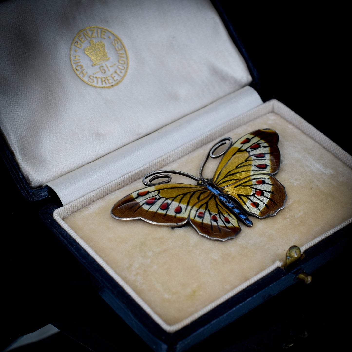 Boxed Vintage Norwegian Enamel Sterling Silver Butterfly Insect Brooch Pin