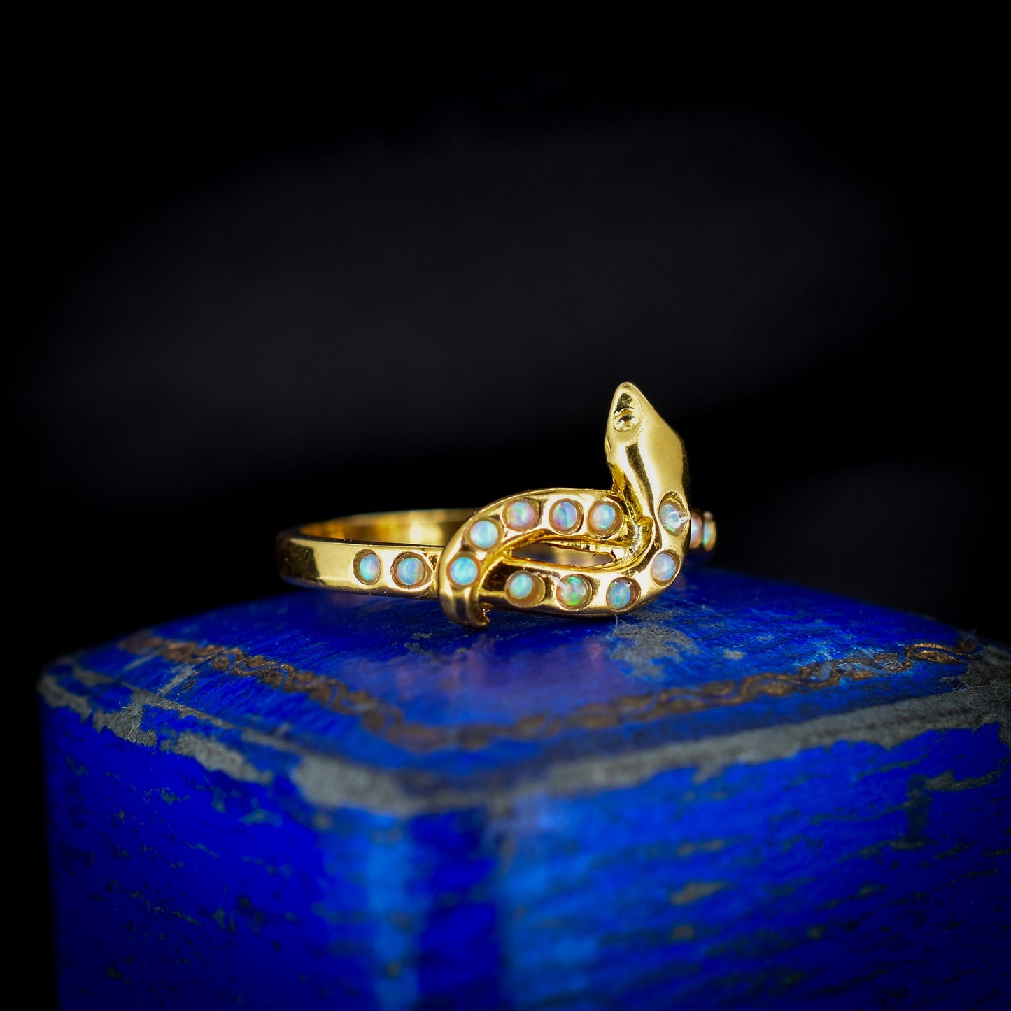 Opal Snake Serpent 18ct Yellow Gold Gilded Silver Ring | Antique Victorian Style