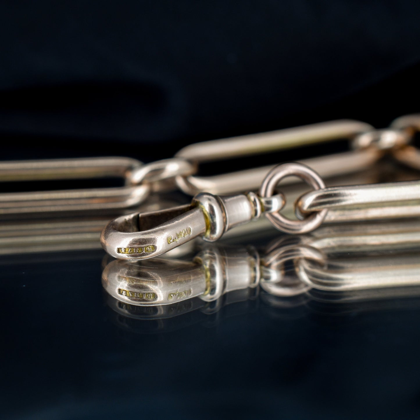 Antique 9ct Rose Gold Trombone Link Bracelet with Dog Clip | 8"