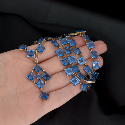 Antique Princess Cut Blue Paste Silver Gilt Riviere Necklace