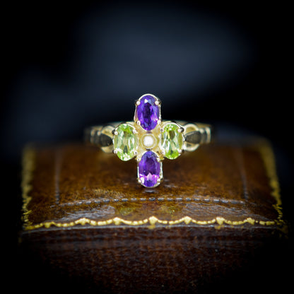 Suffragette Style Amethyst Peridot and Pearl 9ct Yellow Gold Cluster Ring – Antique Inspired