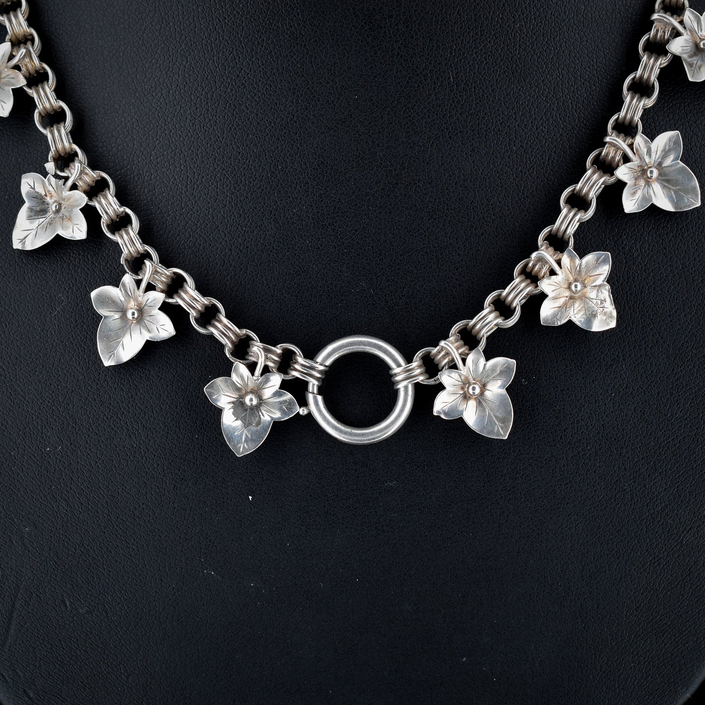 Antique Victorian Aesthetic Ivy Leaf Sterling Silver Chain Collar Necklace | 17" with Bolt Ring