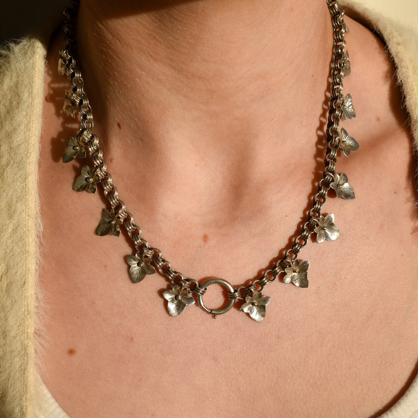 Antique Victorian Aesthetic Ivy Leaf Sterling Silver Chain Collar Necklace | 17" with Bolt Ring