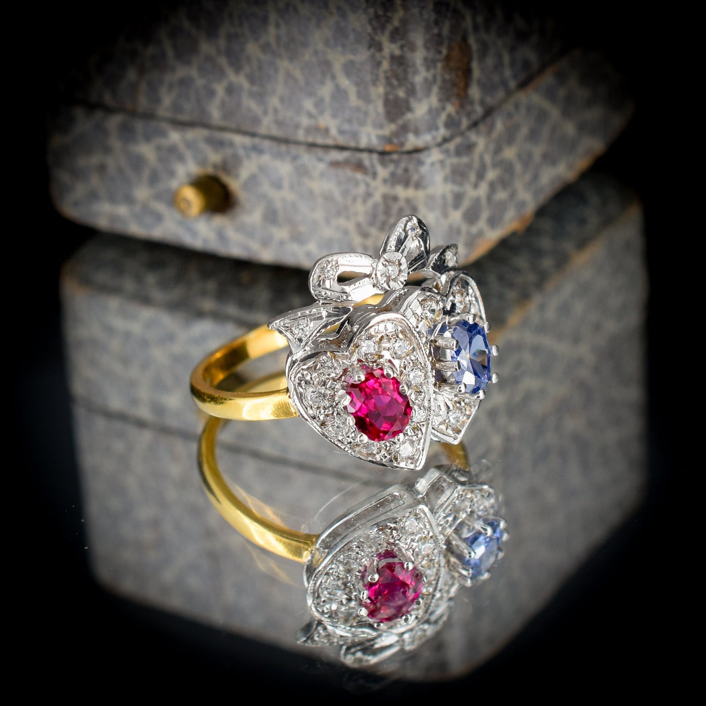 Synthetic Ruby and Sapphire Twin Double Crowned Heart 18ct Gold on Silver Ring