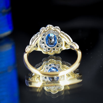 Blue Sapphire and Diamond Oval Cluster Halo 18ct Gold and Platinum Ring