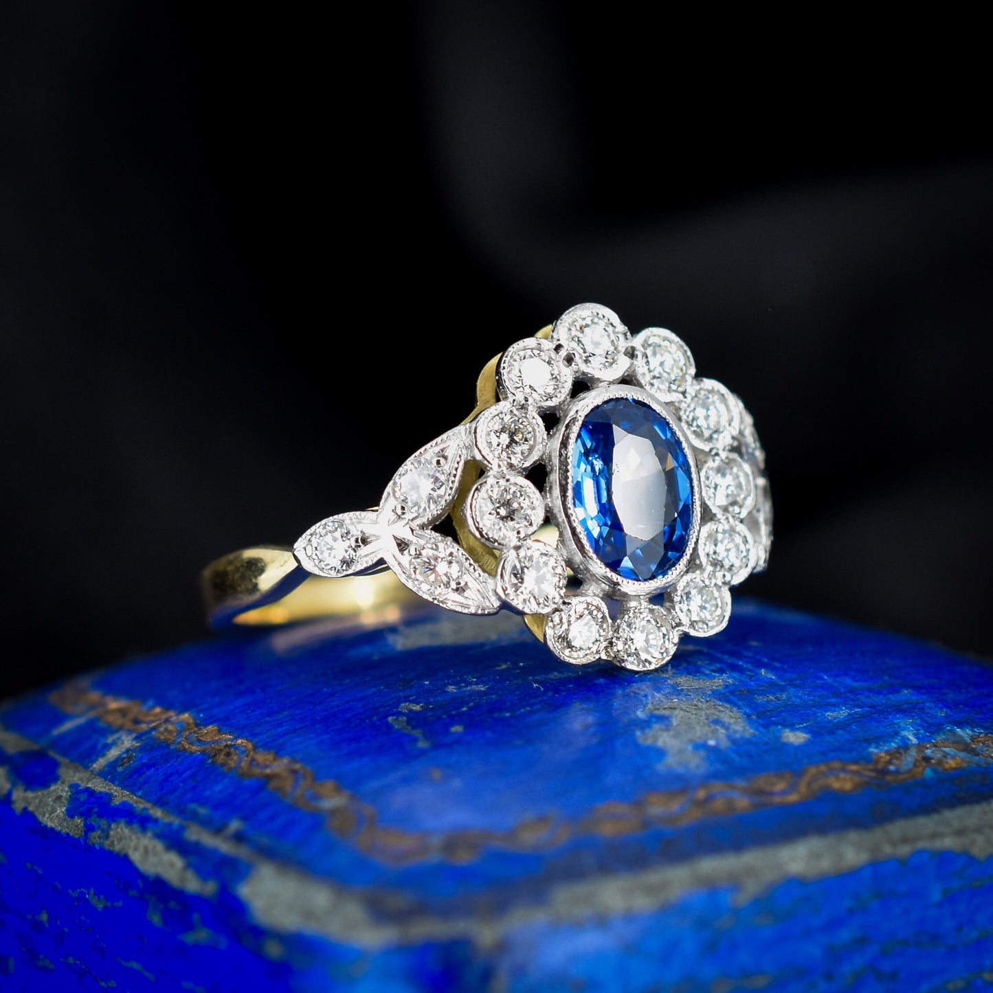 Blue Sapphire and Diamond Oval Cluster Halo 18ct Gold and Platinum Ring