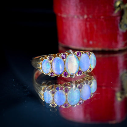 Antique Natural Opal and Ruby Five Stone 18ct Yellow Gold Ring | Dated 1902