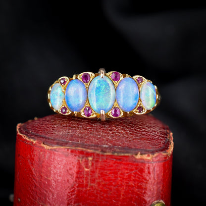 Antique Natural Opal and Ruby Five Stone 18ct Yellow Gold Ring | Dated 1902