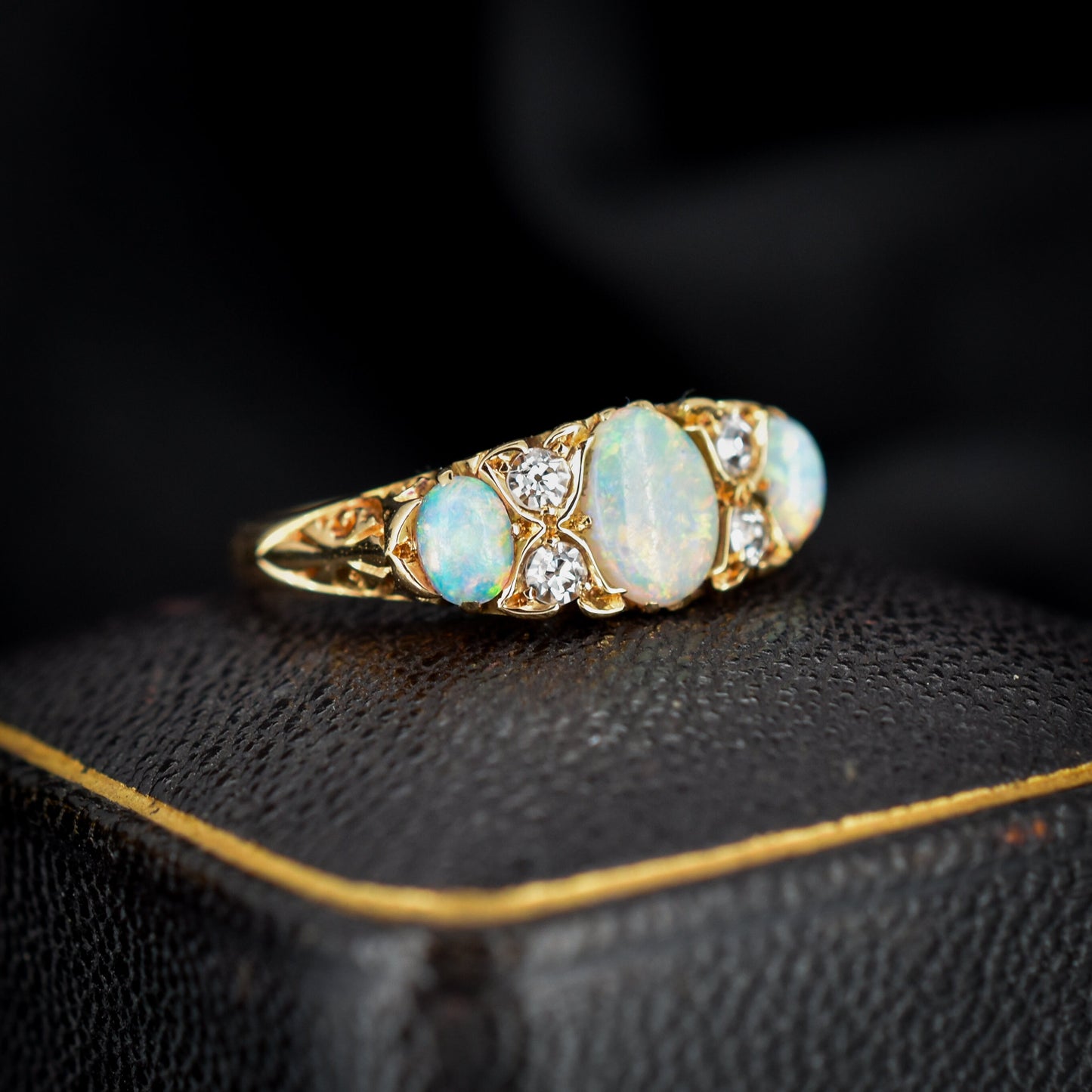 Antique Natural Opal and Diamond 18ct Yellow Gold Three Stone Trilogy Scroll Ring