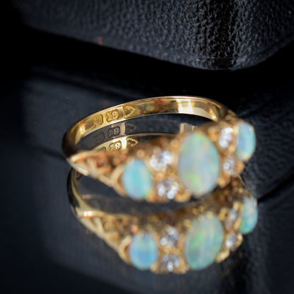 Antique Natural Opal and Diamond 18ct Yellow Gold Three Stone Trilogy Scroll Ring