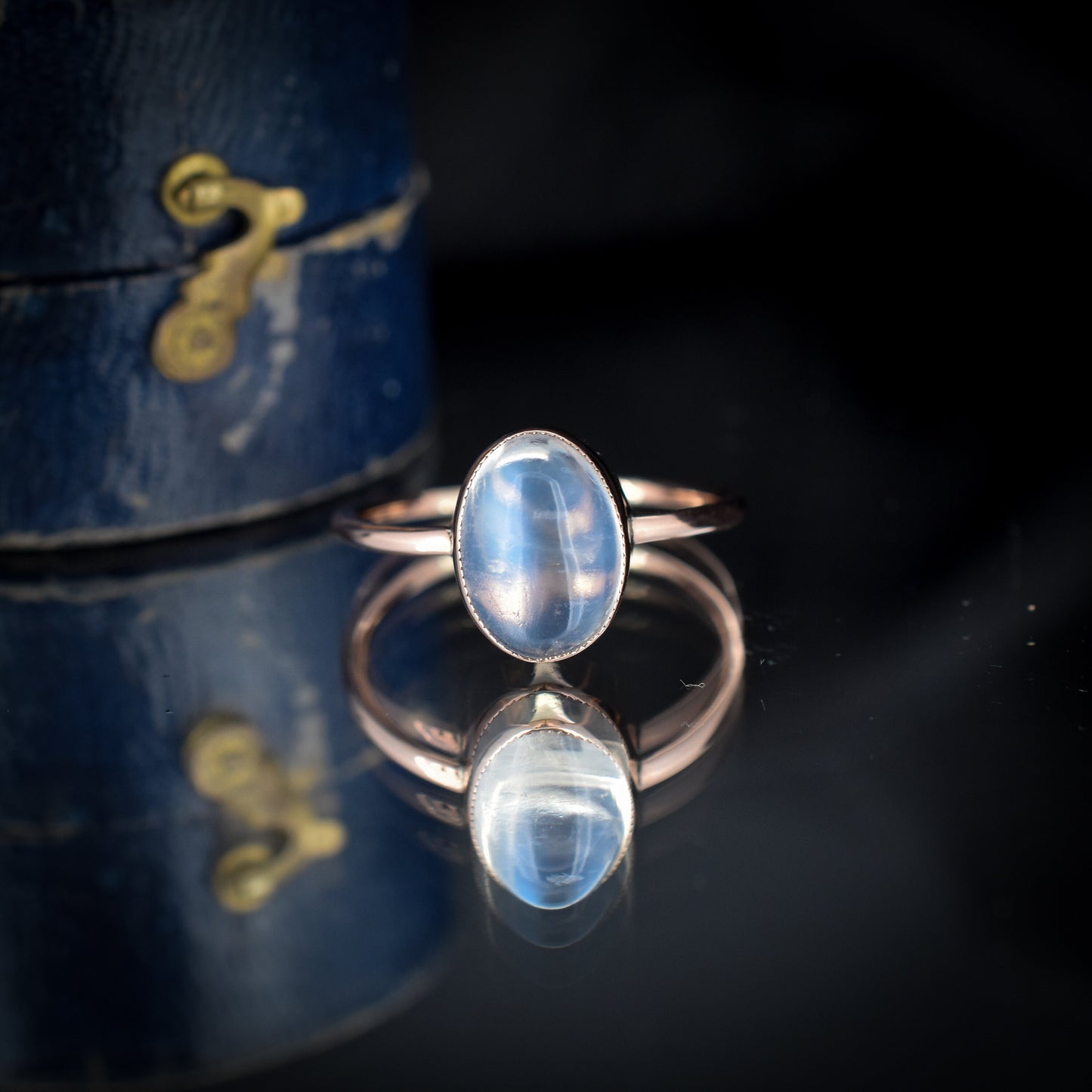 Antique Blue Moonstone Oval 9ct Rose Gold Bezel Ring