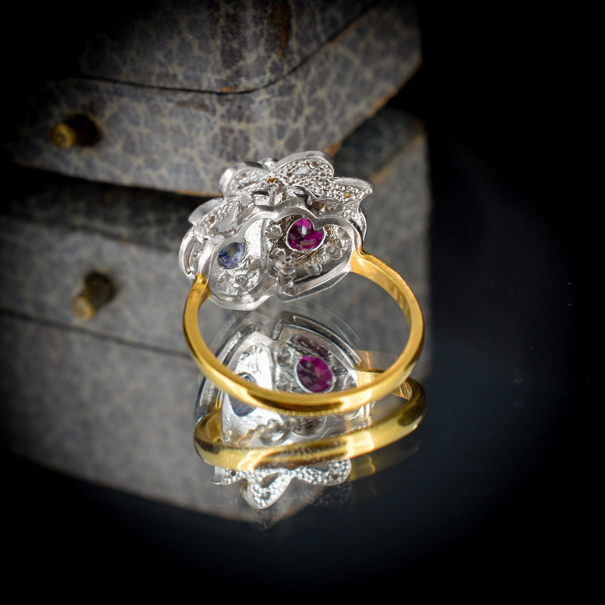 Synthetic Ruby and Sapphire Twin Double Crowned Heart 18ct Gold on Silver Ring