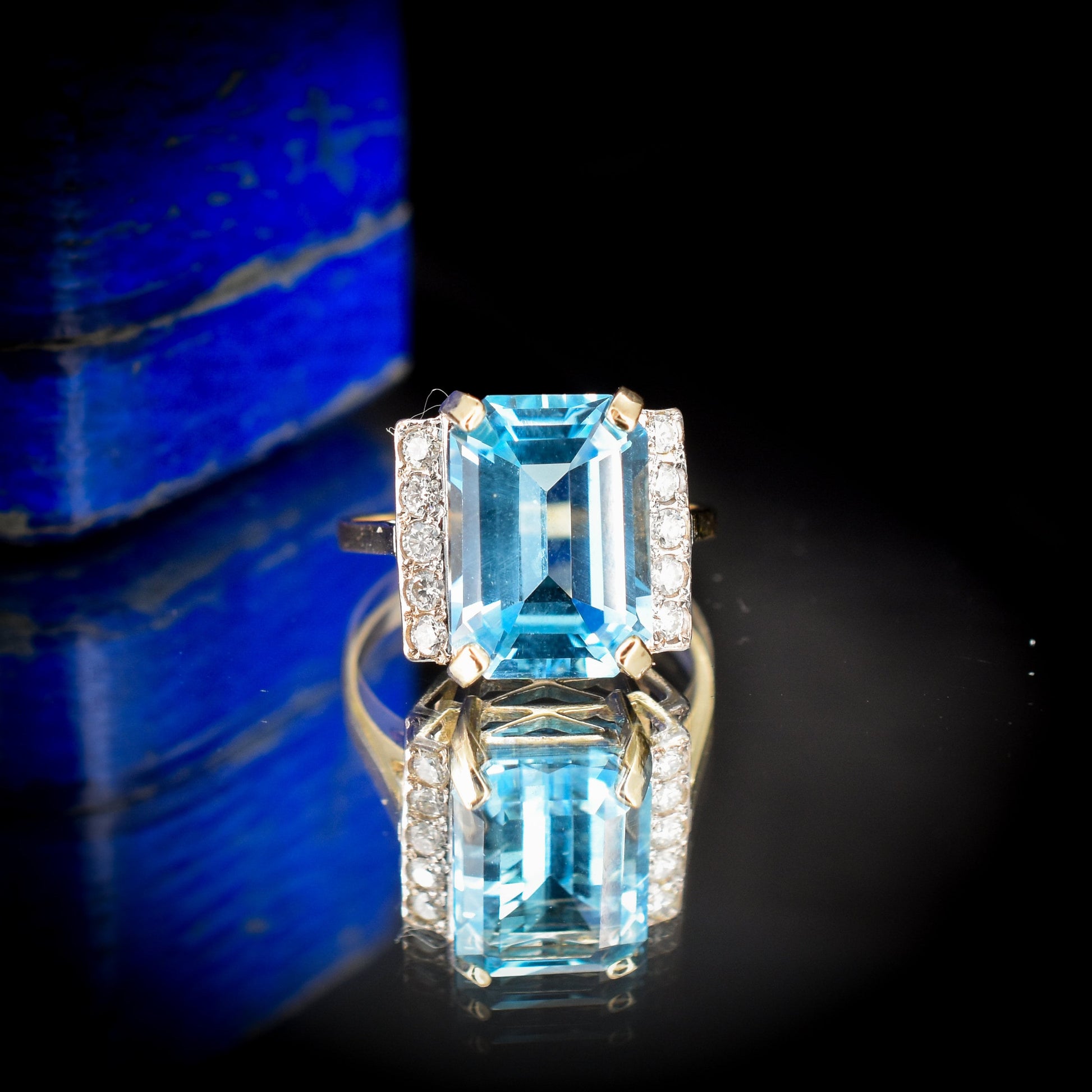 Emerald Cut Blue Topaz and Diamond 9ct Yellow Gold Statement Cocktail Ring | Art Deco Style