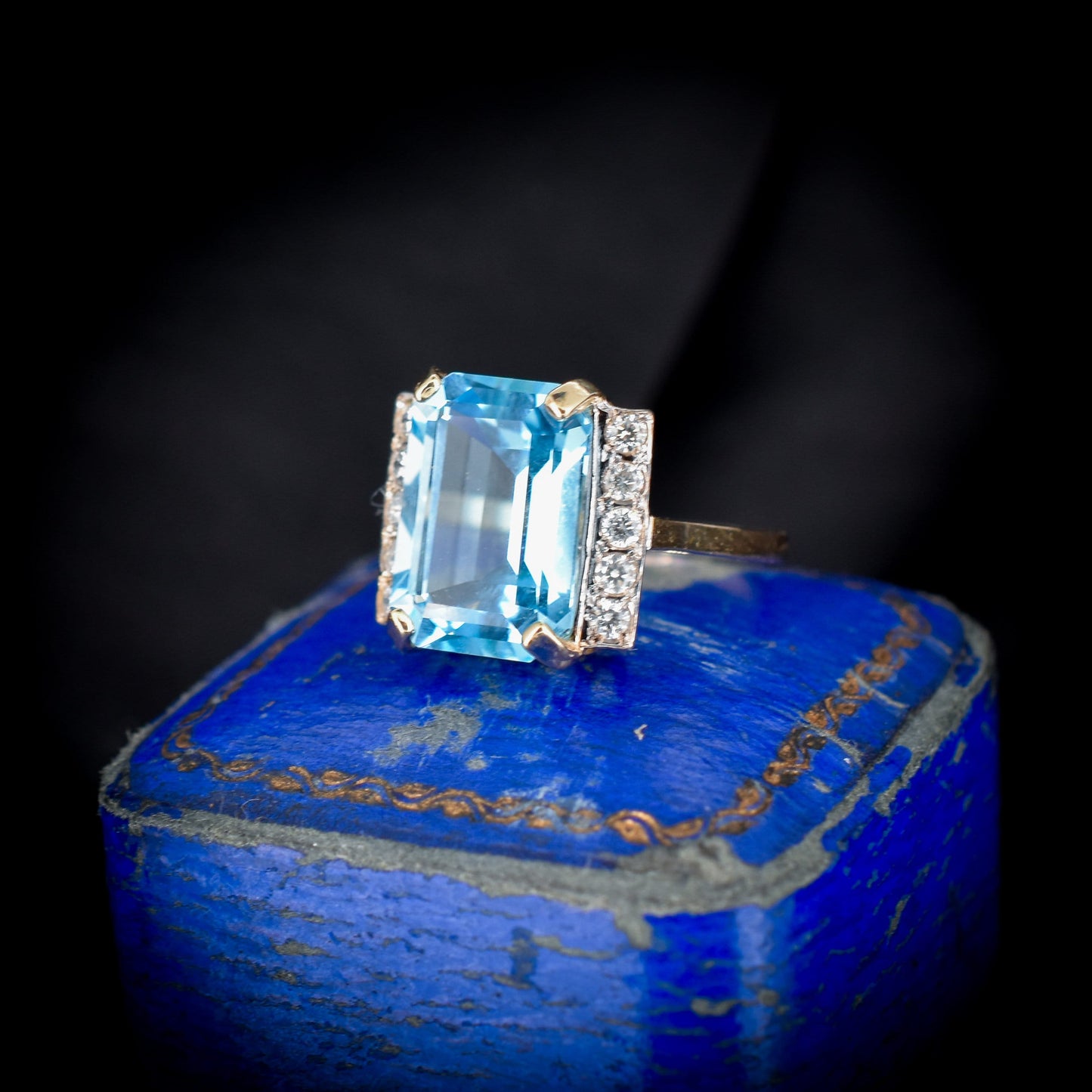 Emerald Cut Blue Topaz and Diamond 9ct Yellow Gold Statement Cocktail Ring | Art Deco Style