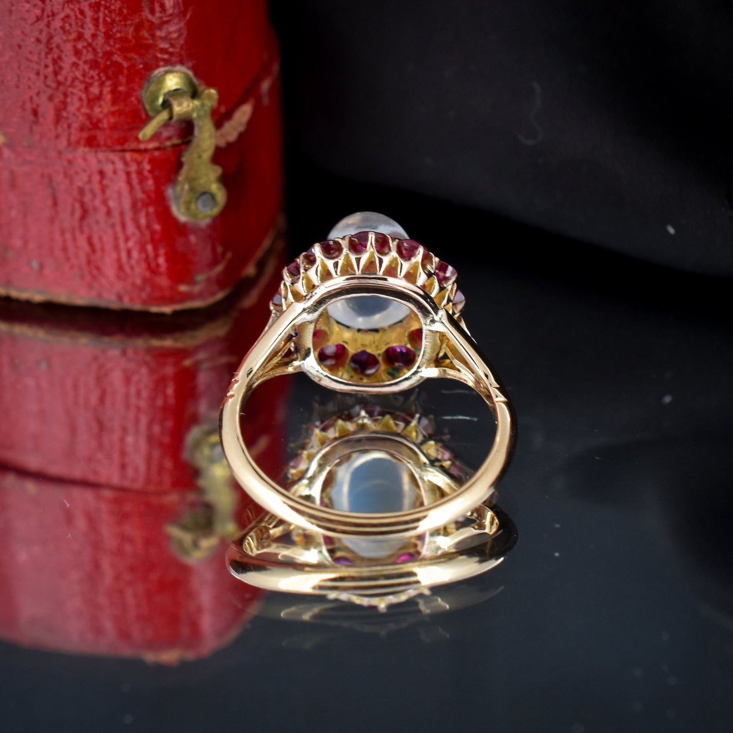 Antique Moonstone and Ruby Oval Halo Cluster 18ct Gold Ring