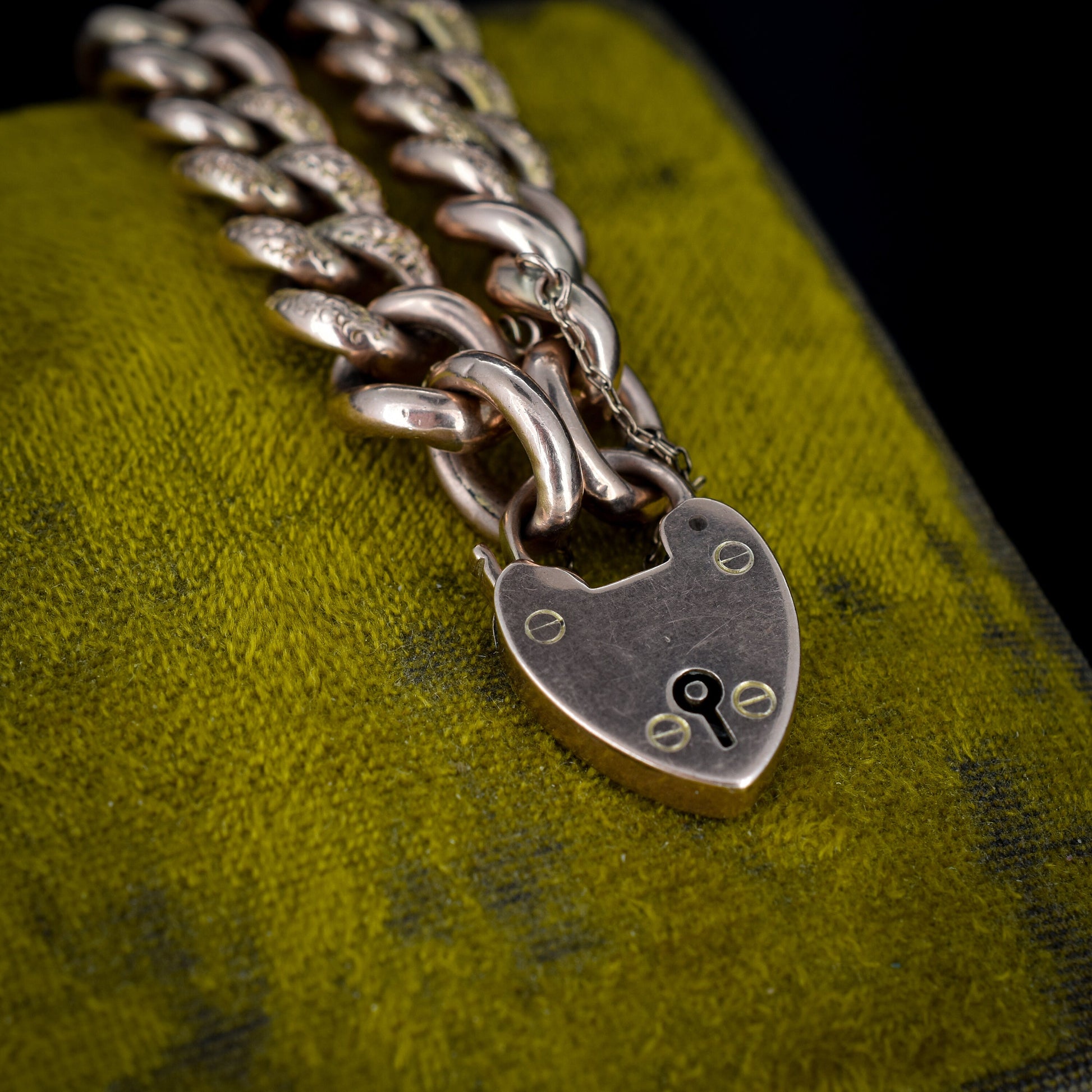 Antique Victorian Engraved Heart Padlock Fancy Curb 9ct Gold Bracelet
