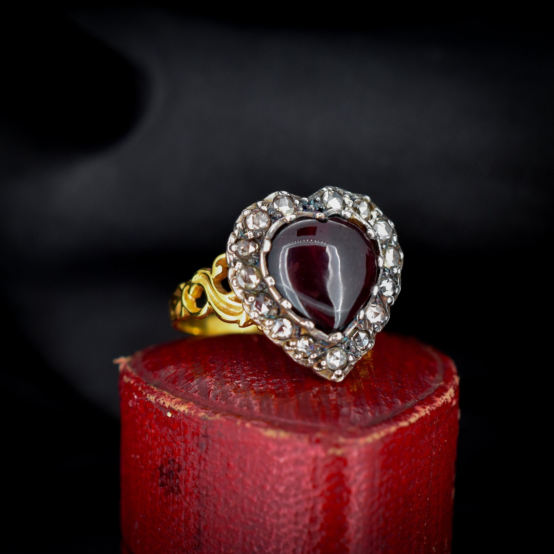Cabochon Garnet Heart and Rose cut Diamond Halo 18ct Yellow Gold Ring