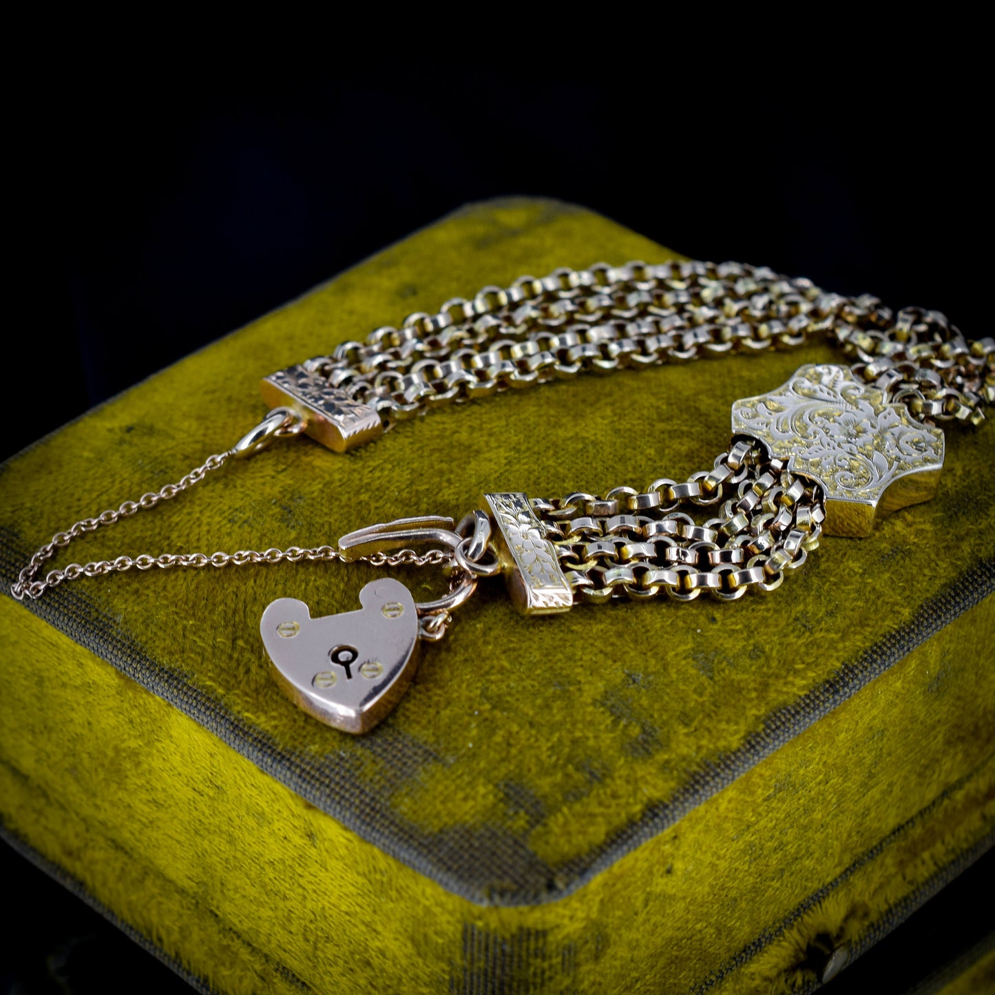 Antique 9ct Gold Fancy Bracelet with Heart Padlock and Slider