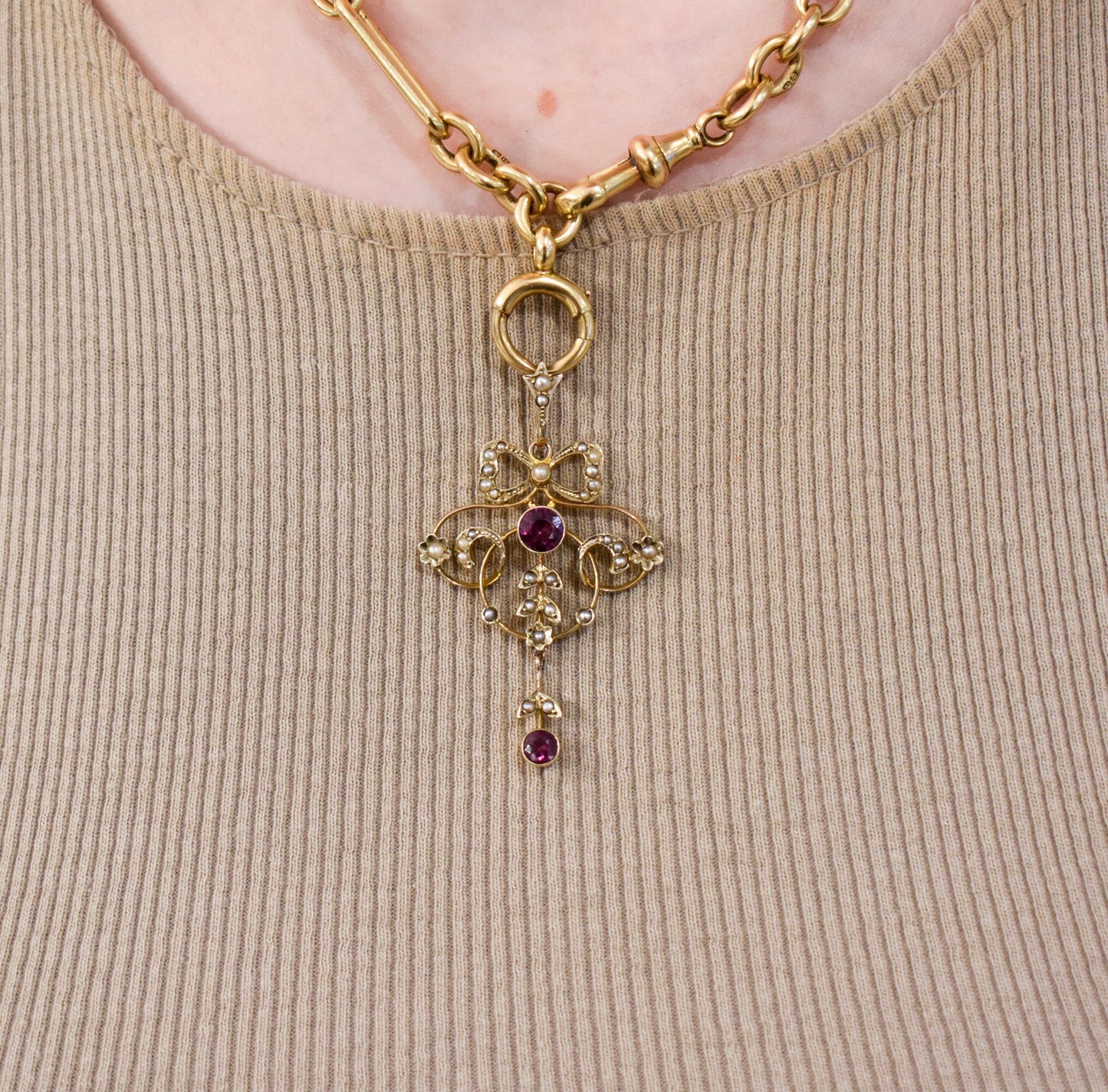 Antique Garnet and Pearl 9ct Yellow Gold Lavalier Pendant | Circa.1900