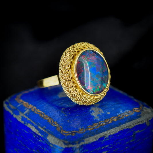 Vintage Black Opal Triplet Oval 18ct 18K Yellow Gold Statement Ring | C.1970