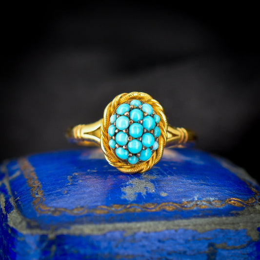Antique Victorian Pave Turquoise Yellow Gold Ring