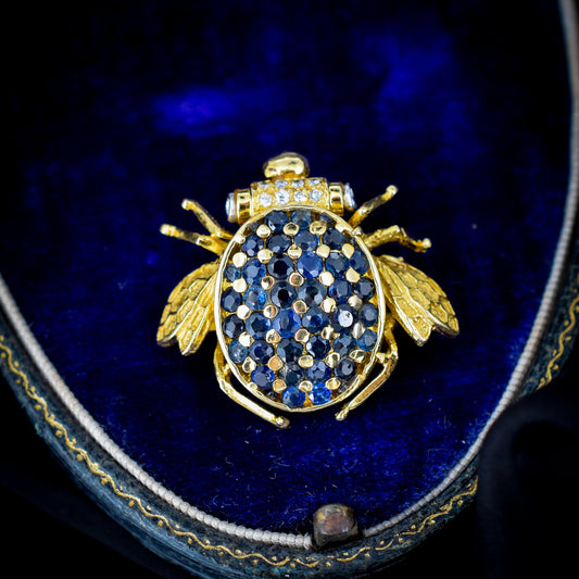 Vintage Sapphire and Diamond 18ct Yellow Gold Insect Bee Brooch Pin