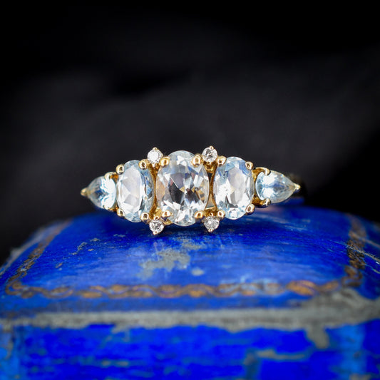 Vintage Aquamarine and Diamond Five Stone Yellow Gold Ring