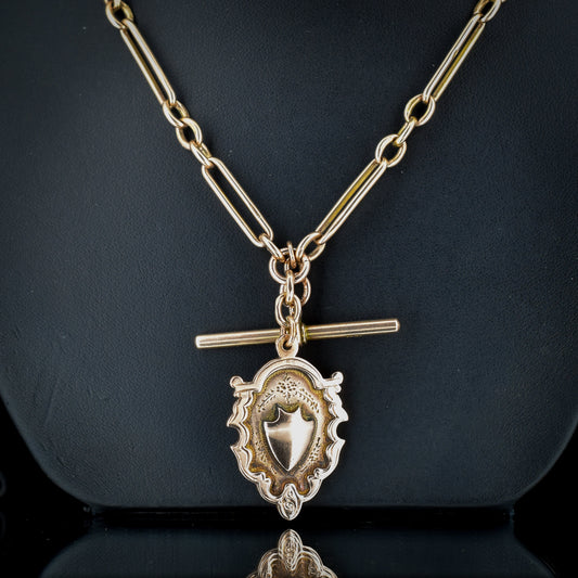 Antique 9ct Gold Trombone Link Double Dog Clip Albert Watch Chain Necklace 17"