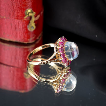Antique Moonstone and Ruby Oval Halo Cluster 18ct Gold Ring