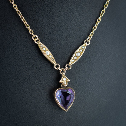 Antique Amethyst and Pearl Heart 9ct Yellow Gold Drop Pendant and Chain Necklace