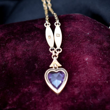 Antique Amethyst and Pearl Heart 9ct Yellow Gold Drop Pendant and Chain Necklace