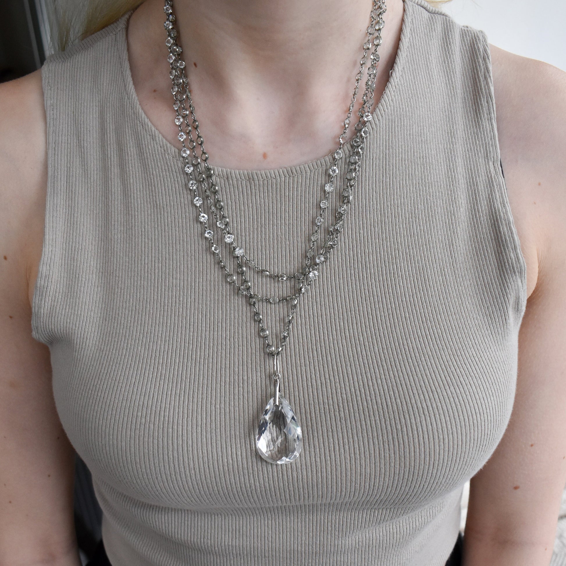Antique Art Deco Paste and Rock Crystal Long Guard Muff Chain Platinon Necklace | 61"
