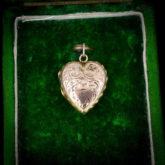 Antique 9ct Gold Engraved Fancy Heart Locket Pendant